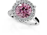 Single Halo Engagement Ring Setting for Fancy Pink Round Cut Center with Corner Claws, Plain Band and Prong Head in White Gold