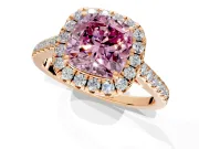 Halo Engagement Ring Setting for Fancy Pink Cushion Cut Center with Narrowing Pave Band and Prong Head in Rose Gold