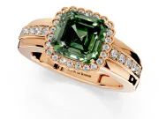 Halo Engagement Ring Setting for Fancy Green Asscher Cut Center with Wide Band, Inlaid Accent Row and Prong Head in Rose Gold