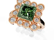 Cluster Halo Engagement Ring Setting for Fancy Green Princess Cut Center with Milgrain Bezel Accents and Prong Head in Rose Gold