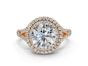 Double Halo Engagement Ring Setting for Round Cut Center with Narrow Pave Split Shank and Prong Head in Rose Gold