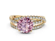 Solitaire Engagement Ring Setting for Fancy Pink Round Cut Center with Woven 3-Strand Pave Band and Prong Head in Yellow Gold