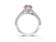 Solitaire Engagement Ring Setting for Fancy Pink Cushion Cut Center with Milgrain-Framed Pave Band and Prong Head in Platinum
