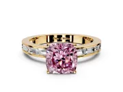 Solitaire Engagement Ring Setting for Fancy Pink Cushion Cut Center with Channel Baguette Band and Prong Head in Yellow Gold