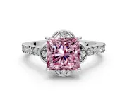 Floral Engagement Ring Setting for Fancy Pink Princess Cut Center with Pave Band and Floral Prong Head in Sterling Silver