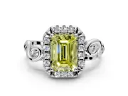 Halo Engagement Ring Setting for Fancy Yellow Emerald Cut Center with Open Scroll Shoulders and Prong Head in Sterling Silver