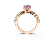 Shared-Prong Engagement Ring Setting for Fancy Pink Round Cut Center with Graduated Accents and Prong Head in Rose Gold