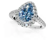 Halo Engagement Ring Setting for Fancy Blue Pear-Shaped Center with Narrowing Pave Band and Prong Head in White Gold