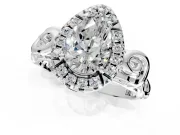 Halo Engagement Ring Setting for Pear-Shaped Center with Open Scroll Shoulders and Prong Head in Sterling Silver