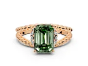 Halo Engagement Ring Setting for Fancy Green Emerald Cut Center with Rope Twist Split Shank and Prong Head in Rose Gold