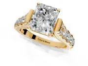 Solitaire Engagement Ring Setting for Radiant Cut Center with Pave Cathedral Shoulders and Prong Head in Yellow Gold