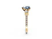 3 Stone Engagement Ring Setting for Fancy Blue Heart-Shaped Center with Round Cut Side Accents and Prong Head in Yellow Gold