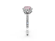 Floral Halo Engagement Ring Setting for Fancy Pink Asscher Cut Center with Pave Band and Prong Head in Platinum