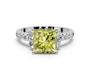 Paired Accent Engagement Ring Setting for Fancy Yellow Princess Cut Center with Pave Band and Prong Head in White Gold