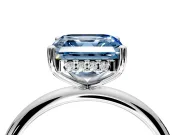 Hidden Halo Engagement Ring Setting for Fancy Blue Asscher Cut Center with Thin Round-Wire Band and Prong Head in White Gold