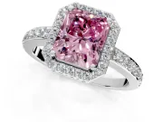 Halo Engagement Ring Setting for Fancy Pink Radiant Cut Center with Heart-Shaped Openwork, Pave Band and Prong Head in Platinum