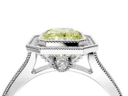 Halo Engagement Ring Setting for Fancy Yellow Radiant Cut Center with Milgrain Pave Band and Bezel Head in White Gold