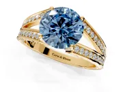 Split Shank Engagement Ring Setting for Fancy Blue Round Cut Center with Pave Split Shank and Prong Head in Yellow Gold