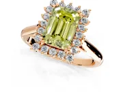 Starburst Halo Engagement Ring Setting for Fancy Yellow Emerald Cut Center with Thin Round-Wire Band and Prong Head in Rose Gold