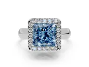 Halo Engagement Ring Setting for Fancy Blue Princess Cut Center with Square Band and Prong Head in Platinum