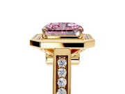 Halo Engagement Ring Setting for Fancy Pink Emerald Cut Center with Outer Bezel Rim, Pave Band and Prong Head in Yellow Gold