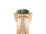 Halo Engagement Ring Setting for Fancy Green Cushion Cut Center with Wide Band, Inlaid Accent Row and Prong Head in Rose Gold
