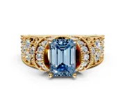 Pave Engagement Ring Setting for Fancy Blue Emerald Cut Center with Curved Accent Rows, Openwork and Prong Head in Yellow Gold