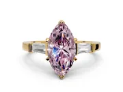 3 Stone Engagement Ring Setting for Fancy Pink Marquise Center with Channel Baguette Accents and Prong Head in Yellow Gold