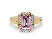 Halo Engagement Ring Setting for Fancy Pink Emerald Cut Center with Knife Ridge Cathedral Band and Prong Head in Yellow Gold