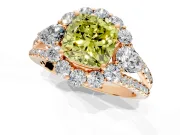 Halo Engagement Ring Setting for Fancy Yellow Cushion Cut Center with Two-Strand Split Shank and Prong Head in Rose Gold