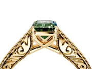 Solitaire Engagement Ring Setting for Fancy Green Emerald Cut Center with Engraved Pave Band and Prong Head in Yellow Gold