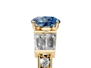 Channel-Set Engagement Ring Setting for Fancy Blue Round Cut Center with Baguette Band and Prong Head in Yellow Gold