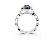 Halo Engagement Ring Setting for Fancy Blue Emerald Cut Center with Twist Band and Prong Head in Platinum