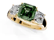 3 Stone Engagement Ring Setting for Fancy Green Asscher Cut Center with Raised Basket Heads and Prong Head in Yellow Gold