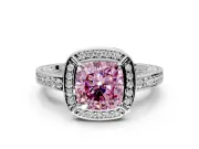 Halo Engagement Ring Setting for Fancy Pink Cushion Cut Center with Framed Halo, Pave Band and Prong Head in Platinum