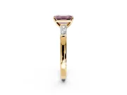 3 Stone Engagement Ring Setting for Fancy Pink Emerald Cut Center with Tapered Baguettes, Plain Band and Prong Head in Yellow Gold