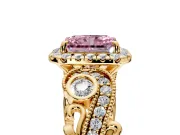 Milgrain Halo Engagement Ring Setting for Fancy Pink Radiant Cut Center with Shoulder Bezels and Prong Head in Yellow Gold