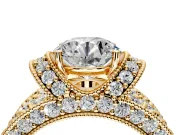 Pave Engagement Ring Setting for Round Cut Center with Curved Accent Rows, Openwork and Prong Head in Yellow Gold