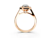 Halo Engagement Ring Setting for Radiant Cut Center with Outer Bezel Rim, Pave Band and Prong Head in Rose Gold