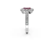 Halo Engagement Ring Setting for Fancy Pink Emerald Cut Center with Milgrain Channel Band and Prong Head in White Gold