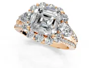 Halo Engagement Ring Setting for Asscher Cut Center with Two-Strand Split Shank and Prong Head in Rose Gold