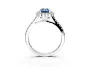 Milgrain Floral Halo Engagement Ring Setting for Fancy Blue Emerald Cut Center with Pave Band and Prong Head in White Gold