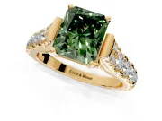 Solitaire Engagement Ring Setting for Fancy Green Radiant Cut Center with Pave Cathedral Shoulders and Prong Head in Yellow Gold