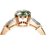 3 Stone Engagement Ring Setting for Fancy Green Oval Center with Baguette Accents and Prong Head in Rose Gold
