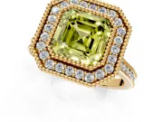 Halo Engagement Ring Setting for Fancy Yellow Asscher Cut Center with Milgrain Frame, Pave Band and Prong Head in Yellow Gold