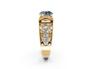 Pave Engagement Ring Setting for Fancy Blue Round Cut Center with Curved Accent Rows, Openwork and Prong Head in Yellow Gold