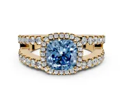 Halo Engagement Ring Setting for Fancy Blue Cushion Cut Center with Wide-Open Pave Split Shank and Prong Head in Yellow Gold