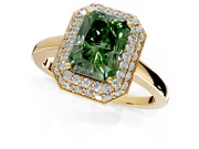 Halo Engagement Ring Setting for Fancy Green Radiant Cut Center with Plain Tapered Band and Prong Head in Yellow Gold