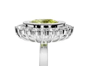 Halo Engagement Ring Setting for Fancy Yellow Oval Center with Milgrain Bezel Rim, Plain Band and Prong Head in White Gold