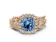 Milgrain Halo Engagement Ring Setting for Fancy Blue Cushion Cut Center with Shoulder Bezels and Prong Head in Rose Gold